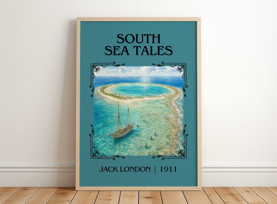 South Sea Tales Classic Book Art Print by Jack London – framed print leaning on a wooden floor