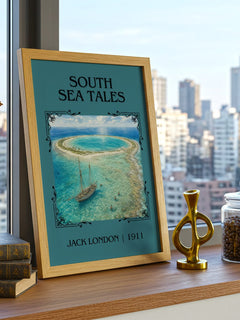 South Sea Tales Classic Book Art Print by Jack London – framed print on a city-view windowsill