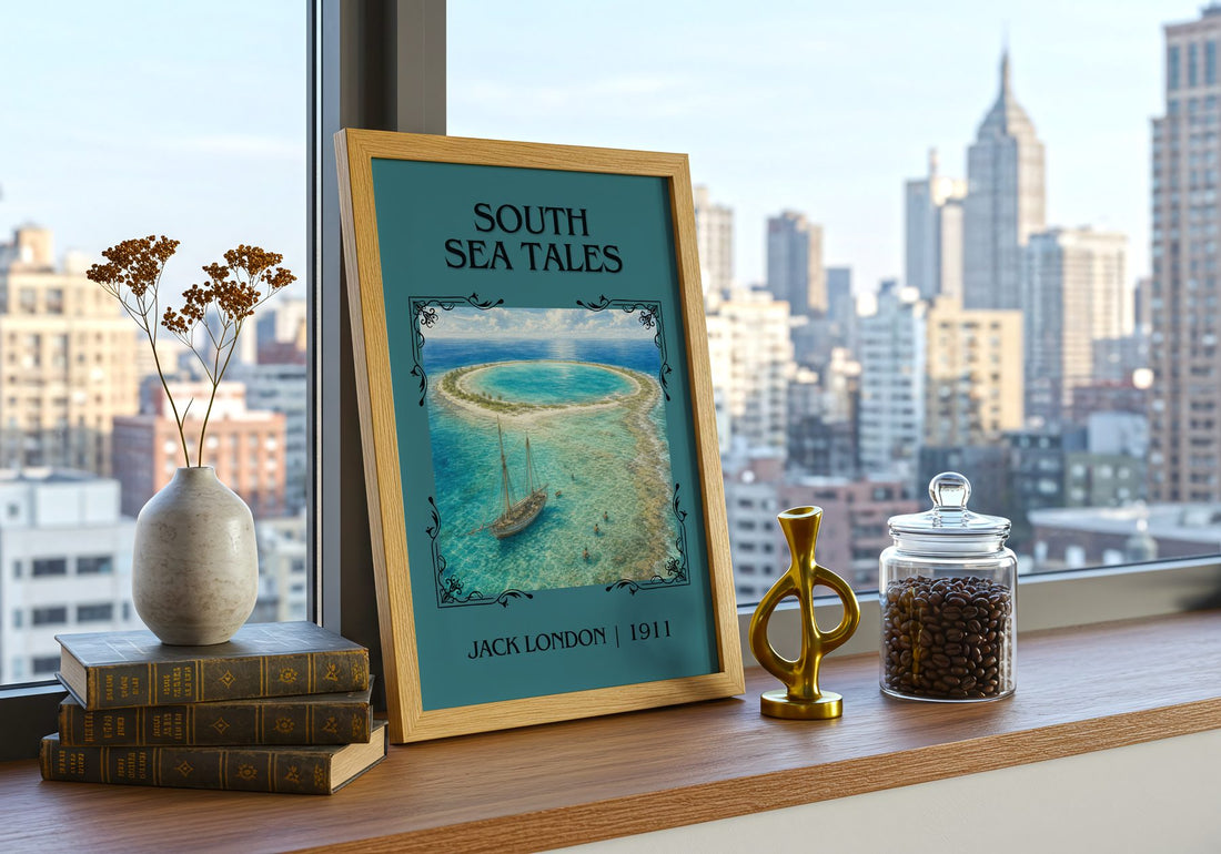 South Sea Tales Classic Book Art Print by Jack London – framed print on a city-view windowsill
