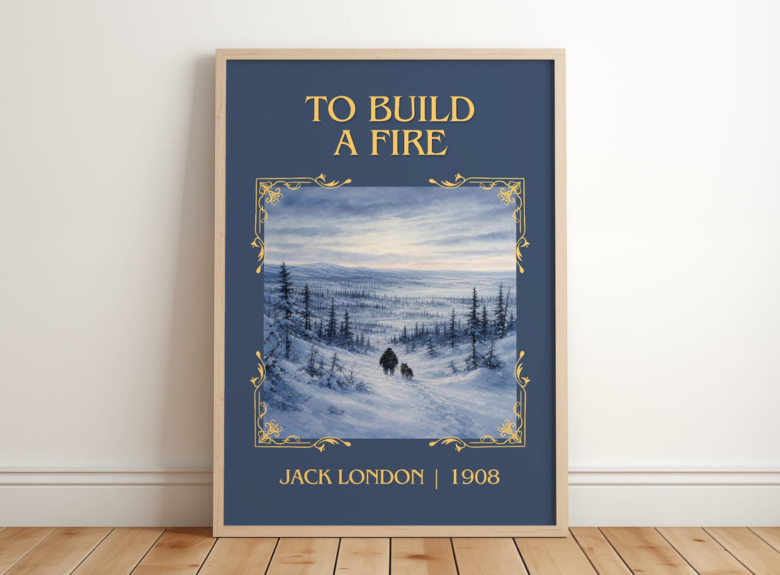To Build A Fire Classic Book Art Print by Jack London – framed print leaning on a wooden floor