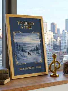 To Build A Fire Classic Book Art Print by Jack London – framed print on a city-view windowsill