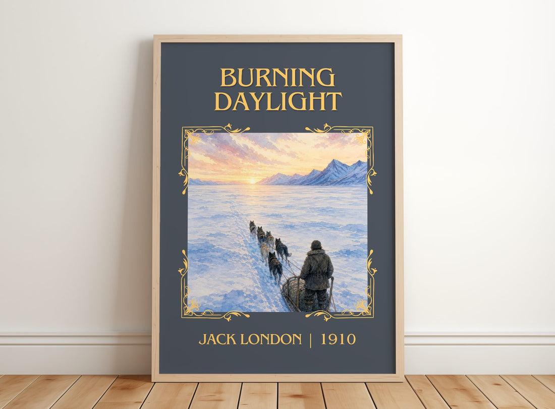 Burning Daylight Classic Book Art Print by Jack London – framed print leaning on a wooden floor