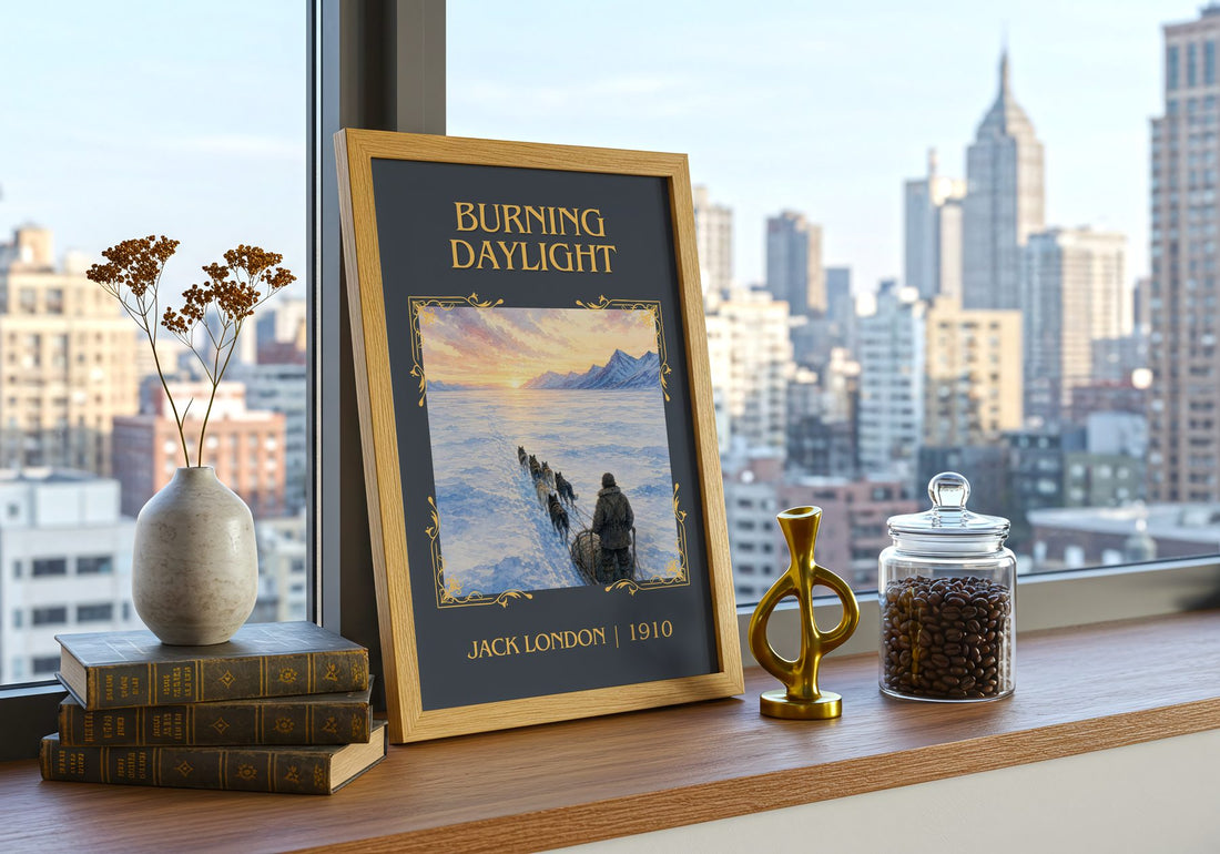 Burning Daylight Classic Book Art Print by Jack London – framed print on a city-view windowsill