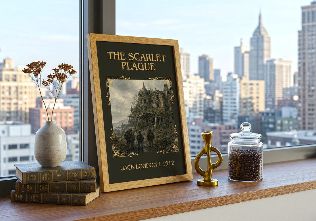 The Scarlet Plague Classic Book Art Print by Jack London – framed print on a city-view windowsill