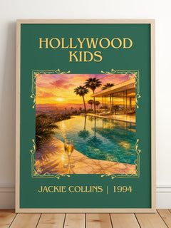 Hollywood Kids Classic Book Art Print by Jackie Collins – framed print leaning on a wooden floor