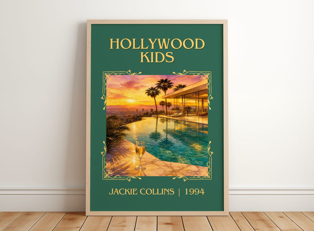 Hollywood Kids Classic Book Art Print by Jackie Collins – framed print leaning on a wooden floor