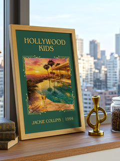 Hollywood Kids Classic Book Art Print by Jackie Collins – framed print on a city-view windowsill