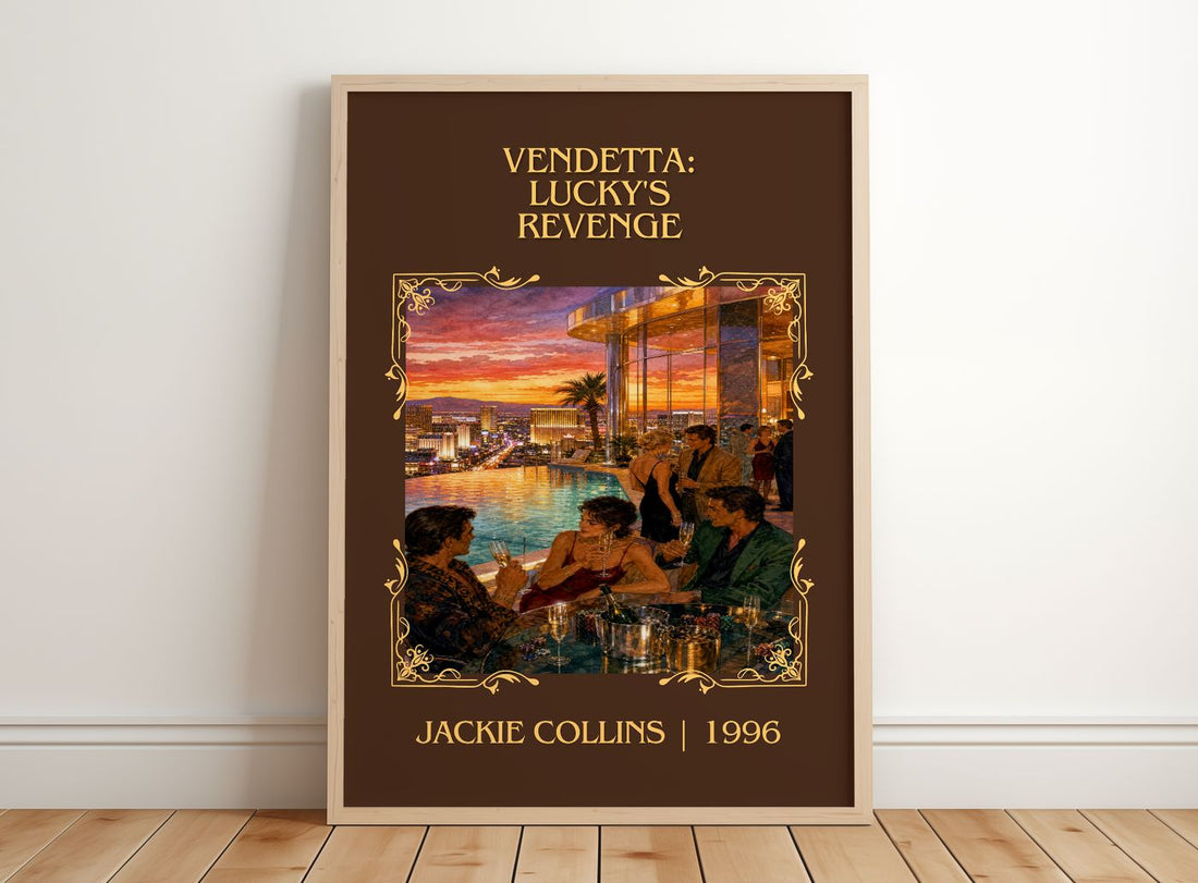 Vendetta: Lucky's Revenge Classic Book Art Print by Jackie Collins – framed print leaning on a wooden floor