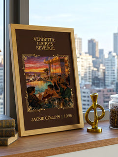 Vendetta: Lucky's Revenge Classic Book Art Print by Jackie Collins – framed print on a city-view windowsill