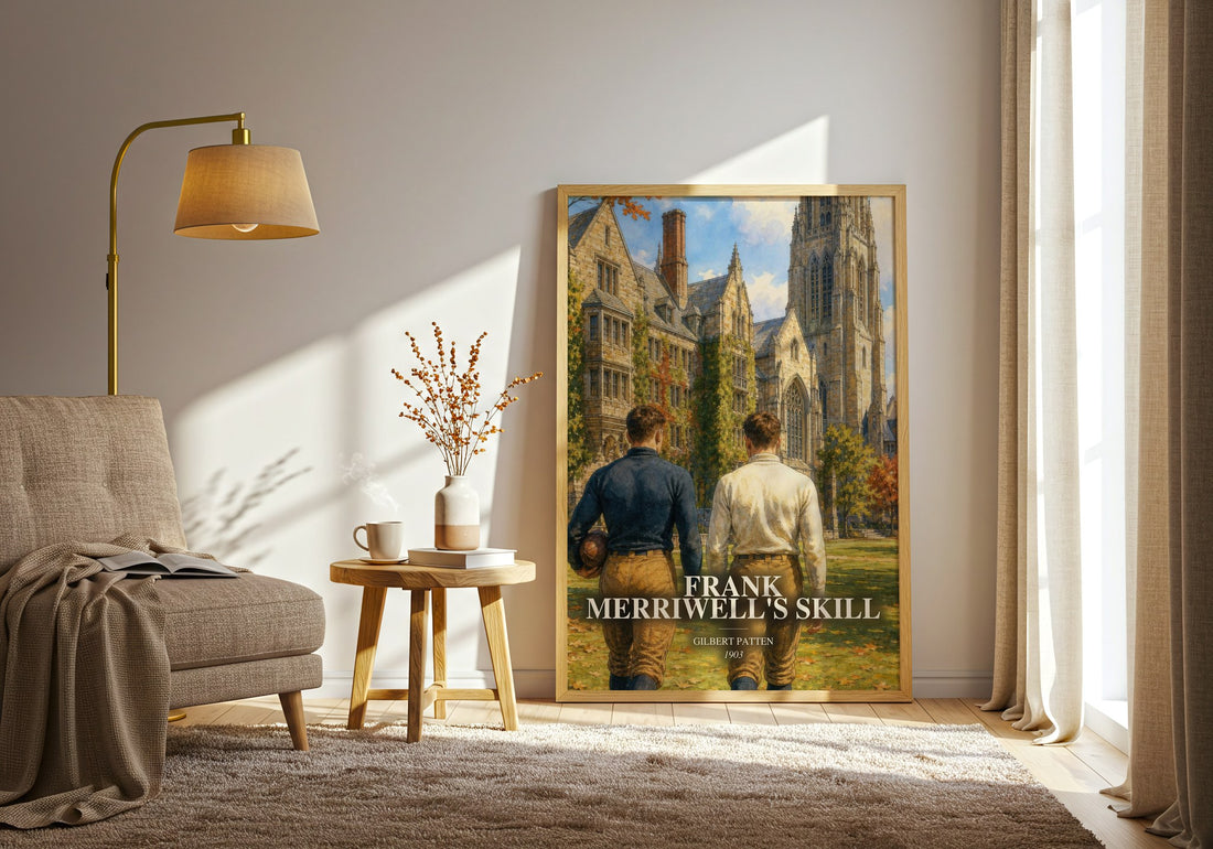 Frank Merriwell'S Skill watercolour print in frame leaning in hallway – adventure wall art (mockup)
