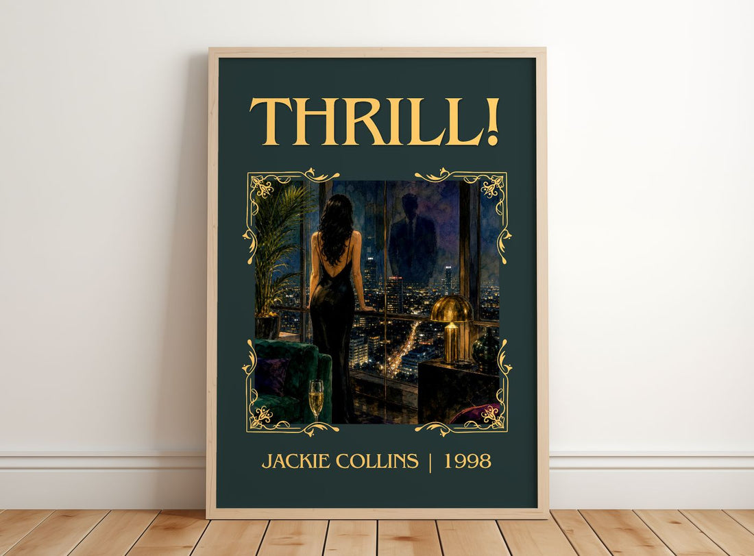 Thrill! Classic Book Art Print by Jackie Collins – framed print leaning on a wooden floor