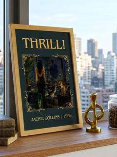 Thrill! Classic Book Art Print by Jackie Collins – framed print on a city-view windowsill