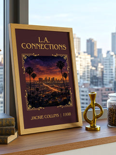 L.A. Connections Classic Book Art Print by Jackie Collins – framed print on a city-view windowsill