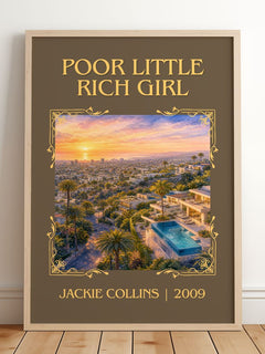 Poor Little Rich Girl Classic Book Art Print by Jackie Collins – framed print leaning on a wooden floor