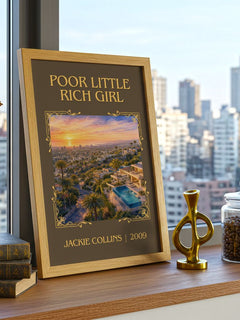 Poor Little Rich Girl Classic Book Art Print by Jackie Collins – framed print on a city-view windowsill