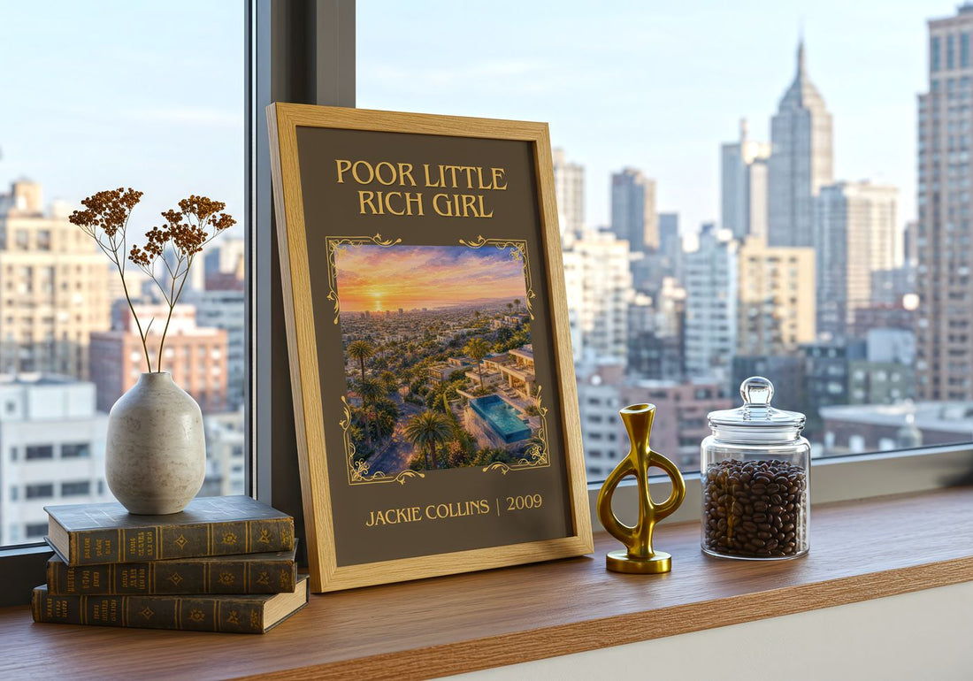 Poor Little Rich Girl Classic Book Art Print by Jackie Collins – framed print on a city-view windowsill