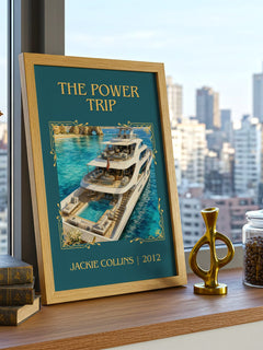 The Power Trip Classic Book Art Print by Jackie Collins – framed print on a city-view windowsill