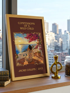 Confessions Of A Wild Child Classic Book Art Print by Jackie Collins – framed print on a city-view windowsill