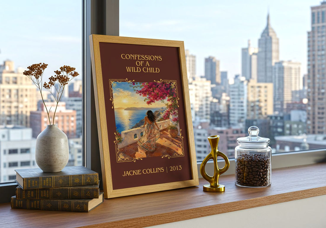Confessions Of A Wild Child Classic Book Art Print by Jackie Collins – framed print on a city-view windowsill