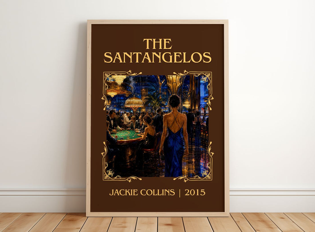 The Santangelos Classic Book Art Print by Jackie Collins – framed print leaning on a wooden floor