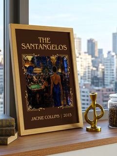 The Santangelos Classic Book Art Print by Jackie Collins – framed print on a city-view windowsill
