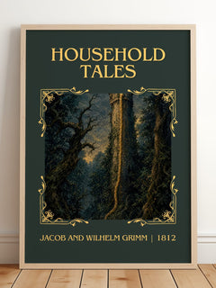 Household Tales Classic Book Art Print by Jacob And Wilhelm Grimm – framed print leaning on a wooden floor