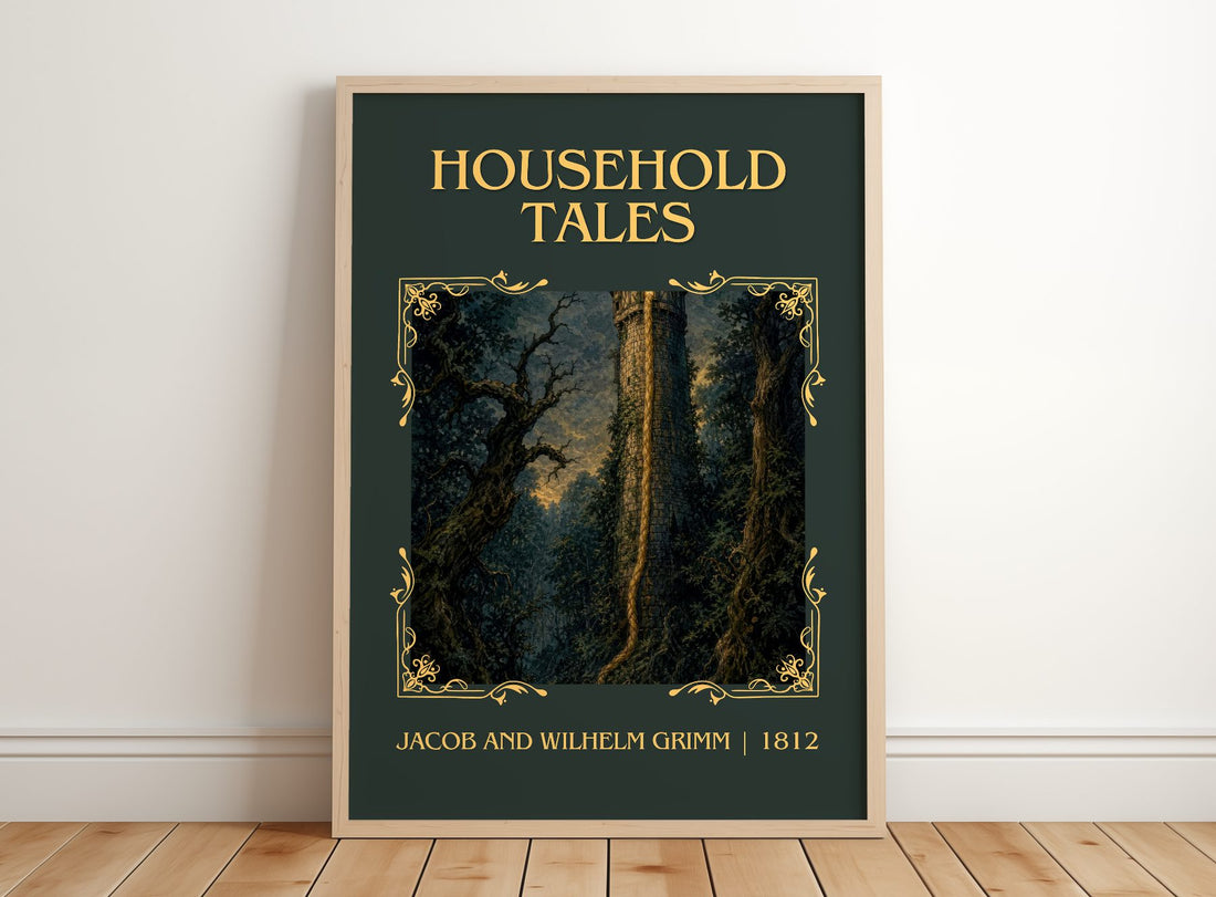 Household Tales Classic Book Art Print by Jacob And Wilhelm Grimm – framed print leaning on a wooden floor