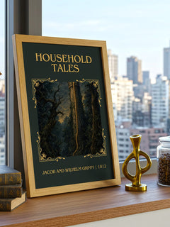 Household Tales Classic Book Art Print by Jacob And Wilhelm Grimm – framed print on a city-view windowsill