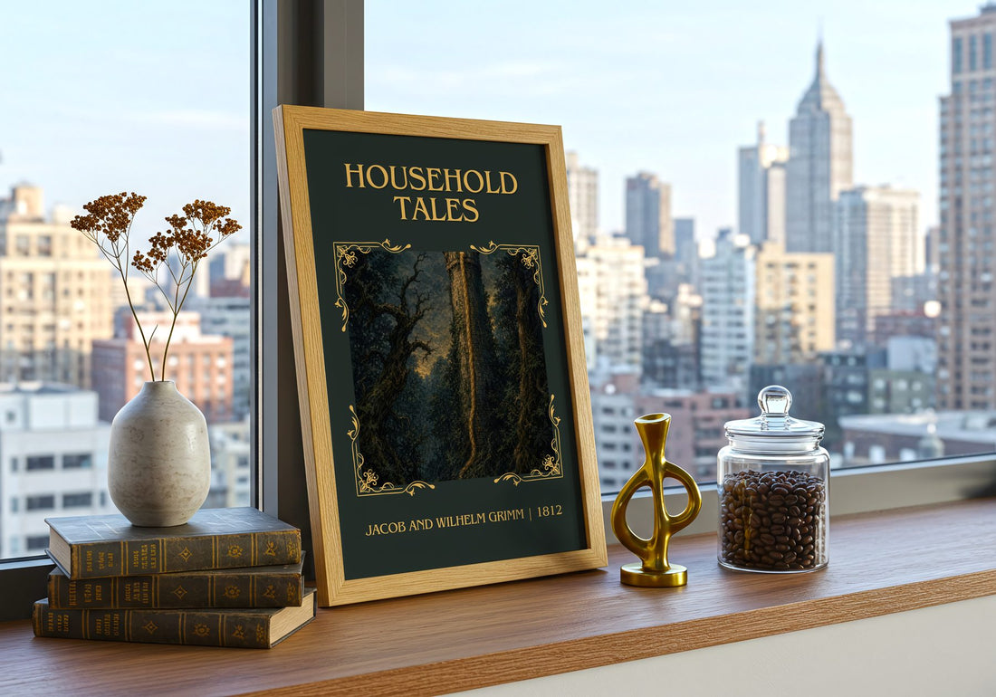 Household Tales Classic Book Art Print by Jacob And Wilhelm Grimm – framed print on a city-view windowsill