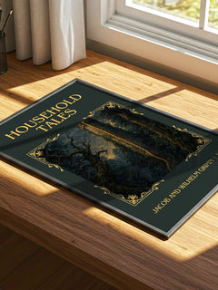 Household Tales Classic Book Art Print by Jacob And Wilhelm Grimm – print on a sunlit desk