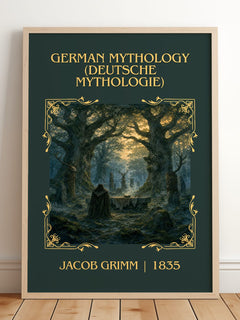 German Mythology (Deutsche Mythologie) Classic Book Art Print by Jacob Grimm – framed print leaning on a wooden floor