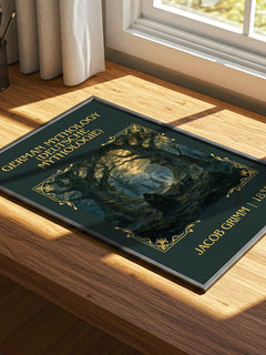 German Mythology (Deutsche Mythologie) Classic Book Art Print by Jacob Grimm – print on a sunlit desk