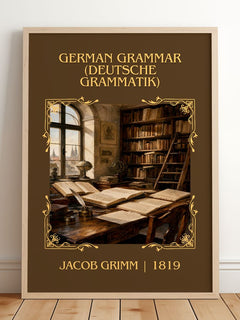 German Grammar (Deutsche Grammatik) Classic Book Art Print by J. Grimm – framed print leaning on a wooden floor