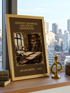 German Grammar (Deutsche Grammatik) Classic Book Art Print by J. Grimm – framed print on a city-view windowsill