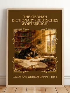 The German Dictionary (Deutsches Wörterbuch) Classic Book Art Print by Jacob And Wilhelm Grimm – framed print leaning on a wooden floor