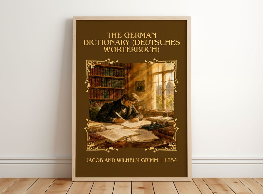 The German Dictionary (Deutsches Wörterbuch) Classic Book Art Print by Jacob And Wilhelm Grimm – framed print leaning on a wooden floor