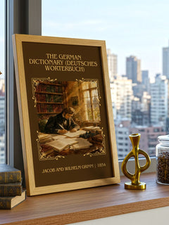 The German Dictionary (Deutsches Wörterbuch) Classic Book Art Print by Jacob And Wilhelm Grimm – framed print on a city-view windowsill