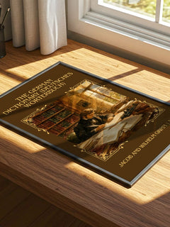 The German Dictionary (Deutsches Wörterbuch) Classic Book Art Print by Jacob And Wilhelm Grimm – print on a sunlit desk