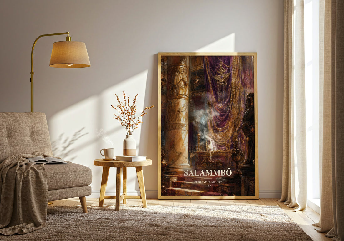 Salammbô watercolour print in frame leaning in hallway – historical fiction wall art (mockup)