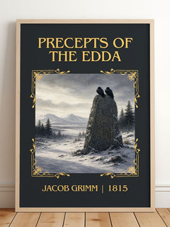 Precepts Of The Edda Classic Book Art Print by Jacob Grimm – framed print leaning on a wooden floor