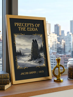 Precepts Of The Edda Classic Book Art Print by Jacob Grimm – framed print on a city-view windowsill
