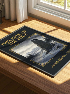 Precepts Of The Edda Classic Book Art Print by Jacob Grimm – print on a sunlit desk