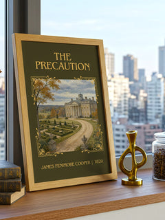 The Precaution Classic Book Art Print by James Fenimore Cooper – framed print on a city-view windowsill