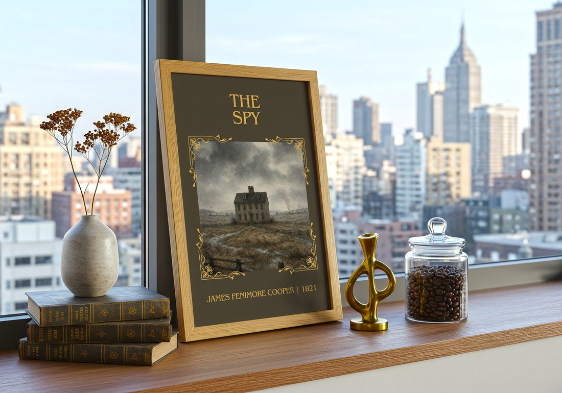 The Spy Classic Book Art Print by James Fenimore Cooper – framed print on a city-view windowsill