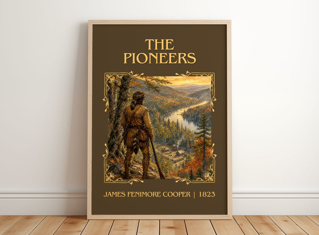 The Pioneers Classic Book Art Print by James Fenimore Cooper – framed print leaning on a wooden floor