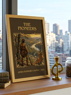 The Pioneers Classic Book Art Print by James Fenimore Cooper – framed print on a city-view windowsill