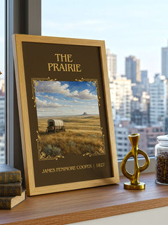 The Prairie Classic Book Art Print by James Fenimore Cooper – framed print on a city-view windowsill