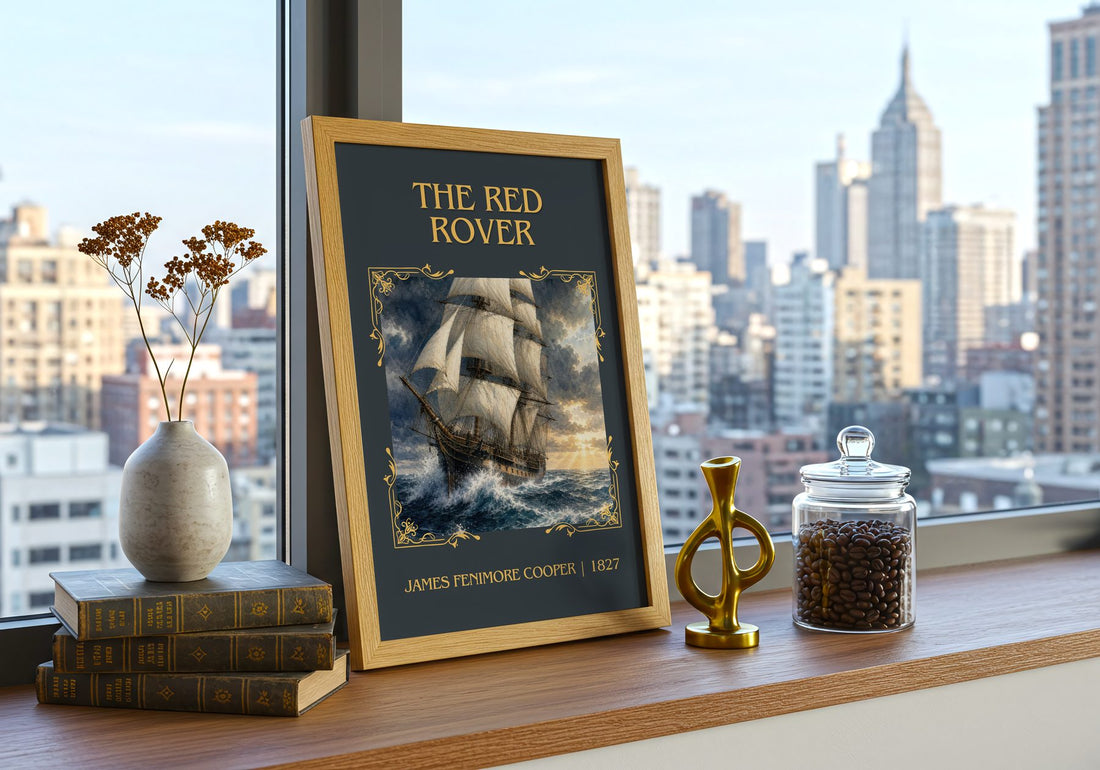 The Red Rover Classic Book Art Print by James Fenimore Cooper – framed print on a city-view windowsill