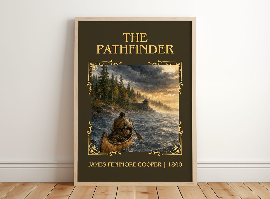 The Pathfinder Classic Book Art Print by James Fenimore Cooper – framed print leaning on a wooden floor