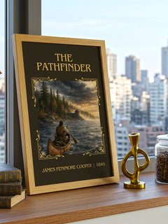 The Pathfinder Classic Book Art Print by James Fenimore Cooper – framed print on a city-view windowsill